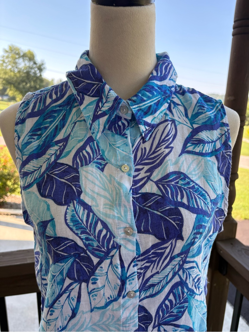 Sigrid Olsen 100% Linen Blue Tropical Palm Leaf Sleeveless Shirt Dress Medium - Picture 2 of 8
